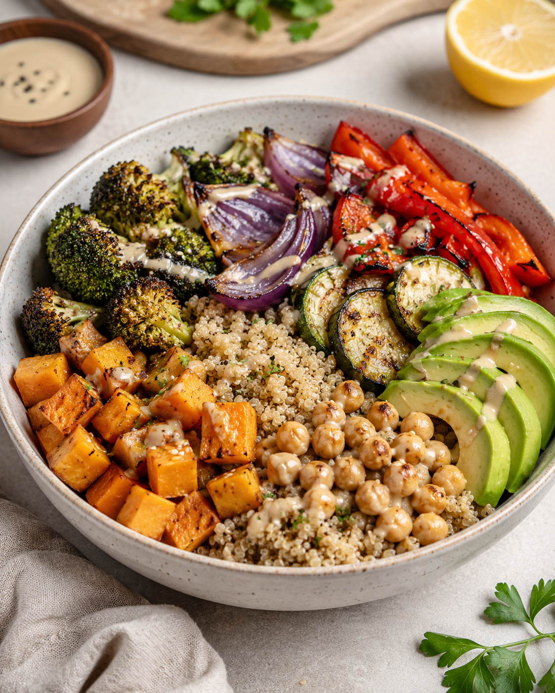 Bowl nutritivo de quinua y vegetales asados con aderezo